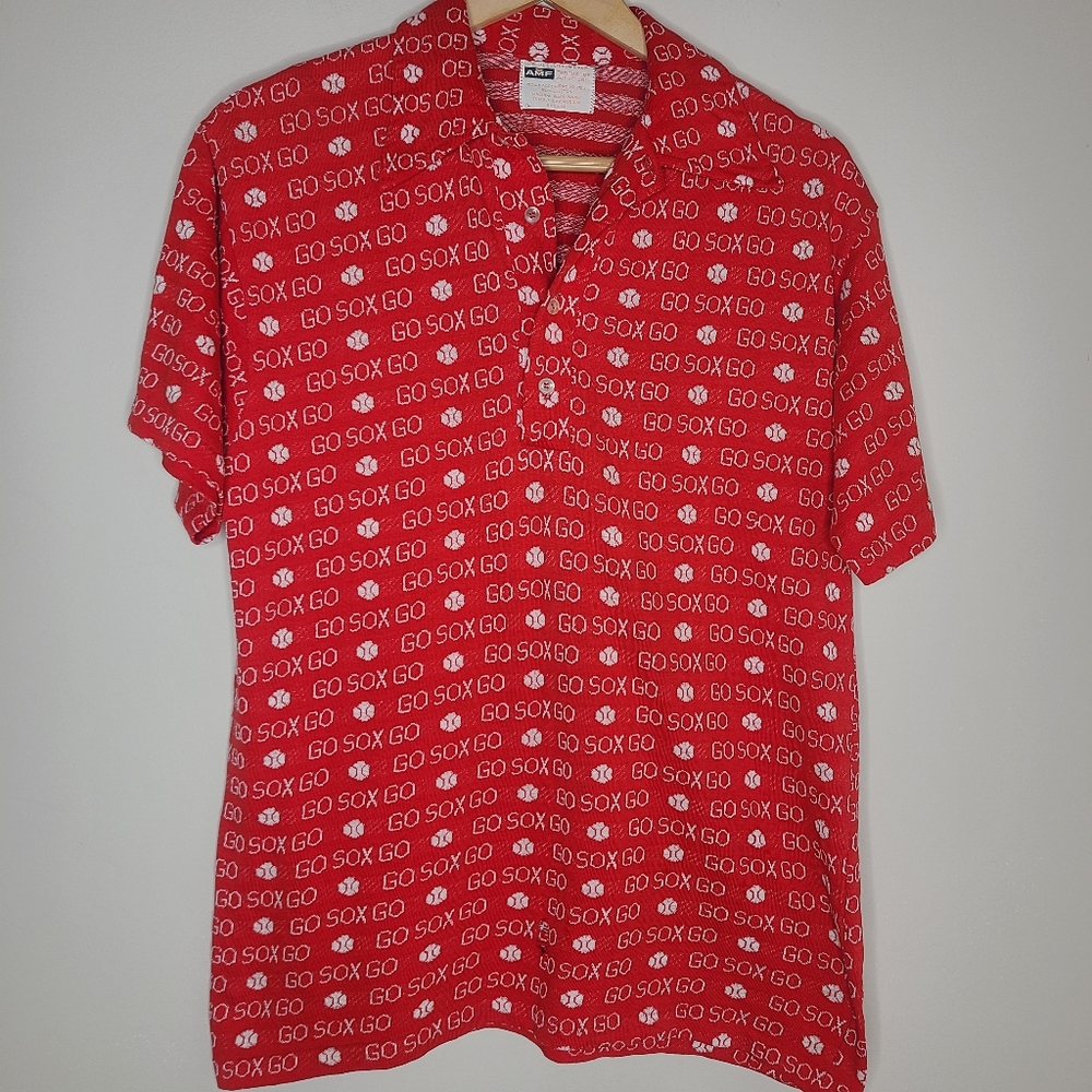 Vintage AMF Mens Size L Red‎ Knit Boston Red Sox All Over Print Polo Shirt